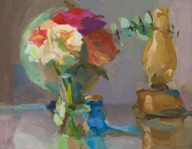 Christine Lafuente, Gerber Daisies, Globe and Hurricane Lamp (SOLD), 2021, Oil on linen, 14 x 18 inches