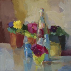 Christine Lafuente, Pansies and Bottles, 2021, Oil on linen, 16 x 16 inches