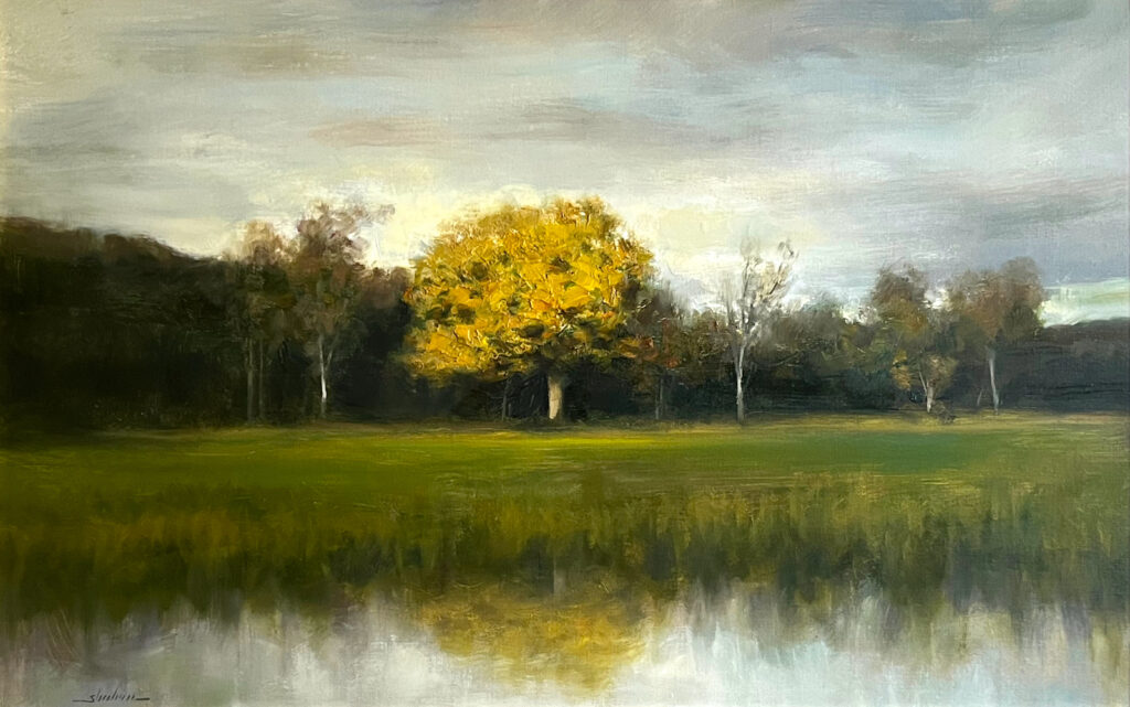 Dennis Sheehan, Golden Reflection, Oil on canvas, 20 x 32 inches