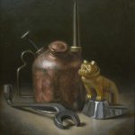 W.O. Ewing, Hood Ornament and Oil Can, oil on board, 14 x 11 inches