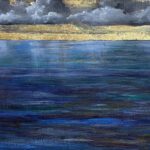 Jane Morris Pack, Seascape with Clouds, 2023, Gold leaf, oil, and shellac on masonite panel, 8 x 11 inches