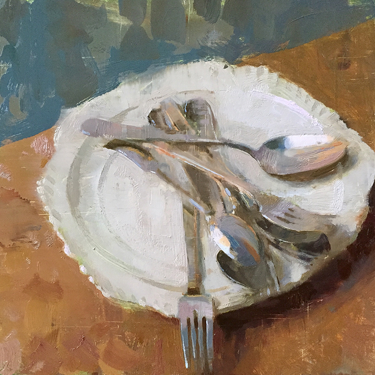 Jon Redmond, Silverware with Plate, 2019, Oil on board, 10 x 10 inches