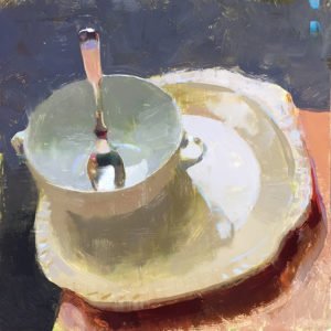 Jon Redmond, Spoon with Dishes, 2019, Oil on board, 10 x 10 inches