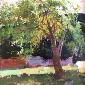 Jon Redmond, Tom's Pear Tree, 2019, Oil on board, 17 ½ x 17 ½ inches
