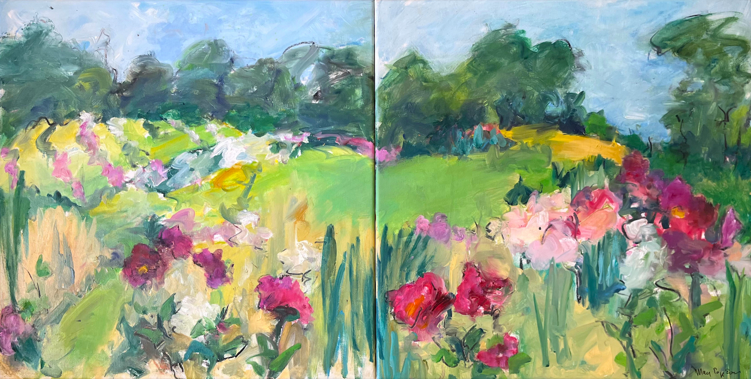 Mary Page Evans, Peony Diptych, Oil on canvas, 26 x 52 inches