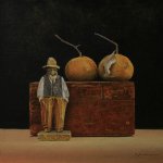 Peter Sculthorpe, Still Life with Carved Man, oil on mounted linen, 9 1/4 x 9 1/4 inches
