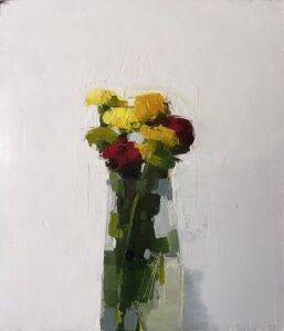 Stanley Bielen, Zinnias and Marigolds, 2023, Oil on paper / mounted, 17 ¼ x 14 ¾ inches