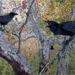 Timothy Barr, Crows at Hanley's Farm, 2018, oil on panel, 14 x 30 inches