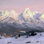Timothy Barr, The Tetons, 2018, oil on panel, 16 x 40 inches