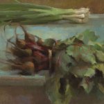 Tina Ingraham, Still Life with Beets and Scallions, 2016, oil on linen, 12 x 18 inches