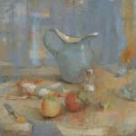 Tina Ingraham, Still Life with Blue Pitcher and Gerber Daisies, 2018, Oil on linen, 19 x 23 inches
