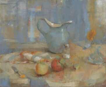Tina Ingraham, Still Life with Blue Pitcher and Gerber Daisies, 2018, Oil on linen, 19 x 23 inches