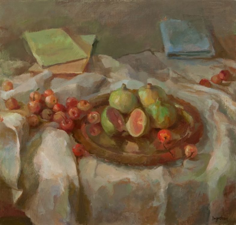 Tina Ingraham, Still Life with Figs and Cherries, 2016, oil on linen, 19 x 20 inches