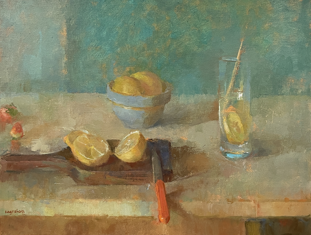 Tina Ingraham, Summer Still Life with Lemons, 2023, Oil on linen, 17 1/2 x 22 1/2 inches