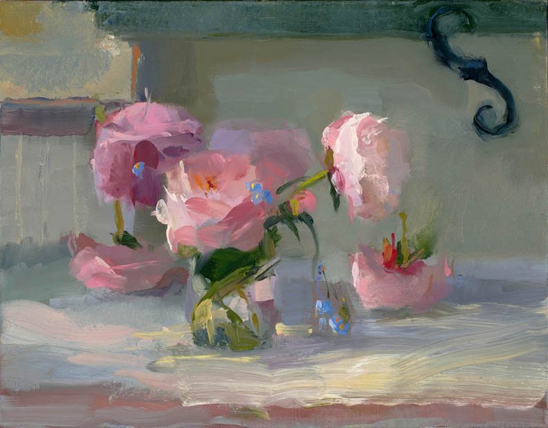 Christine Lafuente, Peonies and Forget Me Nots, oil on linen, 14 x 18 inches