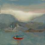 Christine Lafuente, Red Boat, Evening, oil on board, 8 x 8 inches
