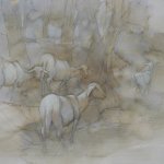 Jane Morris Pack, Goats, Oil on Paper, 19½ x 25½ inches