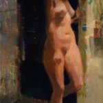 Jon Redmond, Nude in Door, oil on board, 18 x 9 1/2 inches