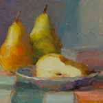Christine Lafuente, Bartlett Pears and Tuscan Oilcloth, 2013, oil on mounted linen, 9 x 12 inches