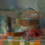 Christine Lafuente, Birdcage, Red Globe Grapes, and Copper Dish, 2013, oil on canvas, 16 x 20 inches