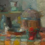 Christine Lafuente, Birdcage, Strawberries and Copper Dish, 2013, oil on canvas, 16 x 20 inches