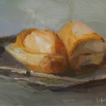Christine Lafuente, Bread and Silver Knife, 2013, oil on mounted linen, 8 x 10 inches