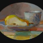 Christine Lafuente, Cut Pear and Teacup, 2013, oil on linen, 6 x 8 inches (oval)