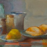 Christine Lafuente, Teacup, Pear, and Bread, 2013, oil on linen, 10 x 20 inches