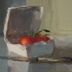 Christine Lafuente, Vine Tomatoes and Knife, 2012, oil on board, 8 x 10 inches