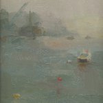 Christine Lafuente, Morning Fog with Buoys, 2011, oil on mounted linen, 10 x 10 inches