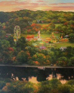 Scott Prior, Fairgrounds by the River, 2018, Oil on panel, 20 x 16 inches