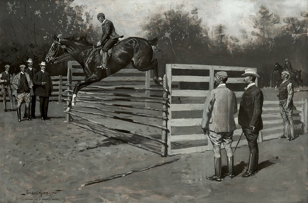 Frederic Remington (1861 - 1909), Getting Hunters in Horse-Show Form, 1895, oil on canvas, 27 1/8 x 40 inches
