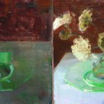 Jon Redmond, Diptych with Green Plate, 2015, oil on board, 10 x 20 inches