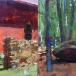 Jon Redmond, Diptych with Wood Pile, 2015, oil on board, 10 x 20 inches