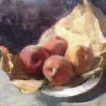 Jon Redmond, Still Life with Peaches, 2015, oil on board, 10 x 10 inches