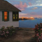 Scott Prior, Cabin, Provincetown Harbor, Sunset, 2015, oil on panel, 12 x 11 inches