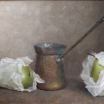 Judith Pond Kudlow, Pears and Paper, oil on board, 10 x 18 inches