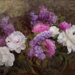 Judith Kudlow, Peonies and Lilacs, oil on board, 12 x 16 inches