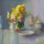 Christine Lafuente (b.1968), Daffodils, Creamer, and Clock, 2018, Oil on linen, 14 x 18 inches