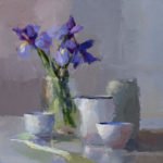Christine Lafuente (b.1968), Iris, Jars and Teacup, 2015, Oil on linen, 16 x 16 inches