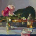 Christine Lafuente, Ranunculus, Violin, and Bottle, 2019, Oil on linen, 16 x 20 inches