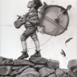 Shawn Fields, One Man Band (study), Charcoal on vellum, 42 1/4 x 26 inches