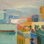 Christine Lafuente, Facades and Rooftops on Calle Sol, 2020, Oil on linen, 14 x 14 inches