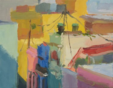 Christine Lafuente, Rooftops and Power Lines, 2020, Oil on canvas, 11 x 14 inches