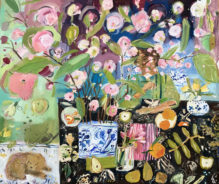 Elizabeth Endres, Sleeping Dog Under Pink Blooms (SOLD), 2021, Oil on canvas, 30 x 36 inches