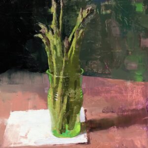 Jon Redmond, Asparagus in a Green Glass, 2021, Oil on board, 10 x 10 inches