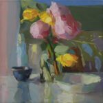 Christine Lafuente, Peonies, Tulips, and Bowls, 2019, Oil on linen, 14 x 14 inches