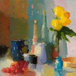 Christine Lafuente, Grapes, Yellow Roses, and Pitchers, 2021, Oil on linen, 20 x 24 inches