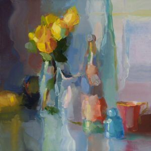 Christine Lafuente (b.1968), Yellow Roses, Bottles, and Reflections, 2021, Oil on linen, 16 x 16 inches
