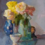Christine Lafuente, Yellow and Blush Roses with Teacup, 2021, OIl on linen, 18 x 14 inches